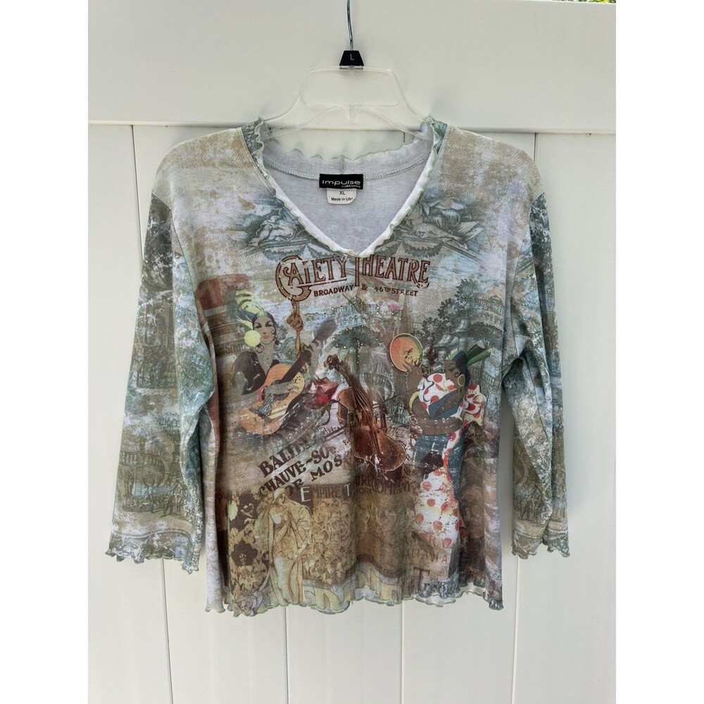Impulse California Top Womens XL Gaiety Theatre Broadway Print 3/4 Sleeve